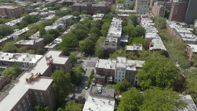 Aerial approach to Cobble Hill Park in Brooklyn