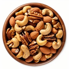 The nuts in black bowl isolated on white background. Generative AI