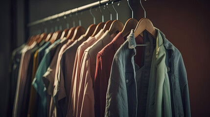 Obraz premium Collection of clothes hanging on rack. Generative AI