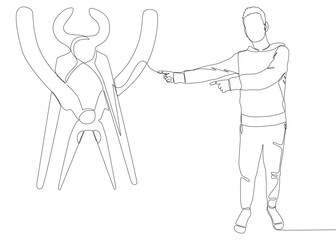 One continuous line of Man pointing with finger at Pliers, Tongs. A hand tool used to hold objects securely. Thin Line Illustration vector concept. Contour Drawing Creative ideas.