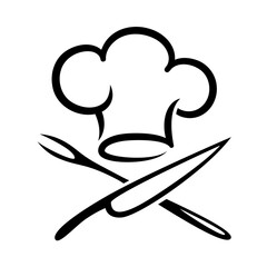 Chef's hat, knife and fork symbol, Restaurant logo, black kitchenware illustration on white background