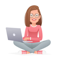 Beautiful happy girl in glasses sits cross-legged with a laptop on her lap. White slender woman sits in a lotus position on the floor and works at a personal computer.