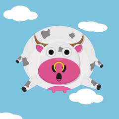 vector illustration of a cow flying into the sky