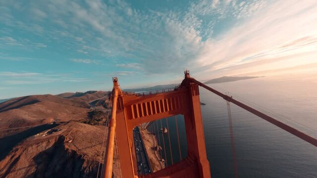 Drone view of the Golden Gate Bridge over the Ocean in San Francisco, California, USA