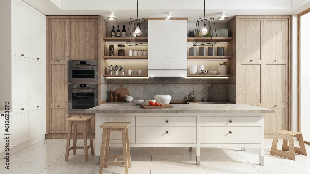 Sticker 3d rendered illustration of a kitchen interior with a large kitchen island