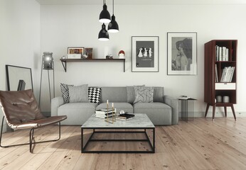 3d rendered illustration of an open plan, modern apartment designed in scandinavian style