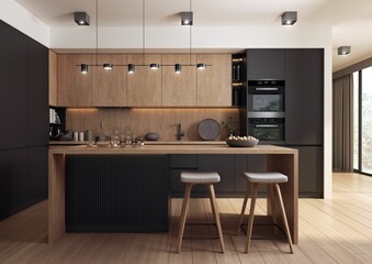 3d rendered illustration of a modern spacious kitchen with a free-standing kitchen island