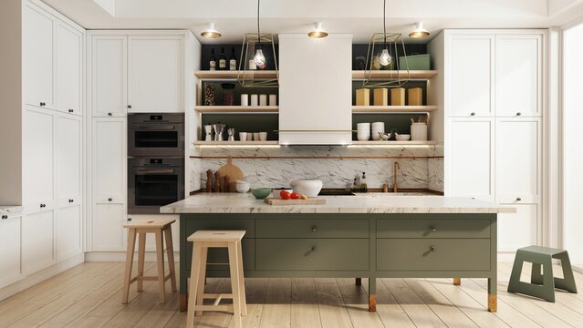 3d rendered illustration of a kitchen interior with a large kitchen island