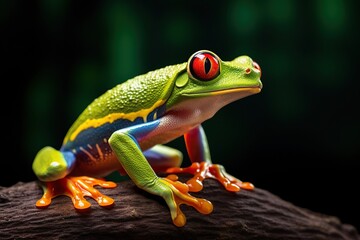 Red Eyed Tree Frog, Agalychnis Callidryas, on a Leaf with Black Background