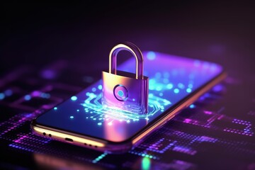Padlock hologram on smartphone screen protecting business and financial data with innovation technology, Cyber ​​security and data protection concept, Generative AI - obrazy, fototapety, plakaty