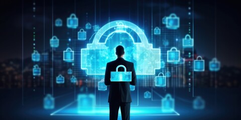 Man in suit looking at technological diagram with padlock, Cyber ​​security and data protection concept, Generative AI
