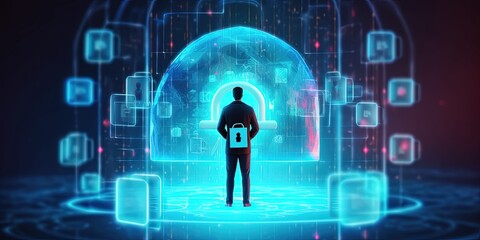 Man in suit looking at technological diagram with padlock, Cyber ​​security and data protection concept, Generative AI