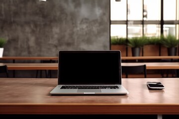 Fototapeta premium Laptop on top of table in office with view of window and burnt cement wall, Generative AI