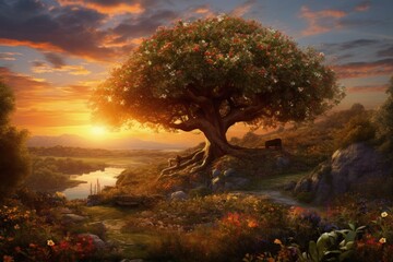 Garden of Eden with Tree of Life, garden at sunset, Generative AI
