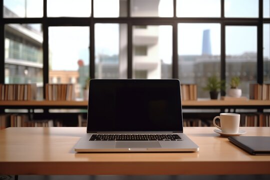 Laptop on top of table in office with window view, Generative AI