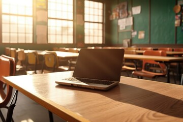 Laptop on top of table in classroom, Laptop on school desk, Generative AI