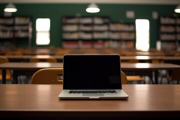 Laptop on top of table in classroom, Laptop on school desk, Generative AI