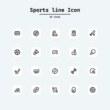 Sports set icons. Flat vector illustration in black on white background. Collection ui icons with squircle shape. Web Page, Mobile App, UI, UX design.