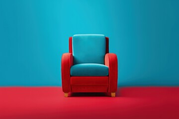 Red cinema armchair isolated on blue background, Generative AI