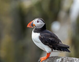 Closeup of a cute puffin perched on a rock