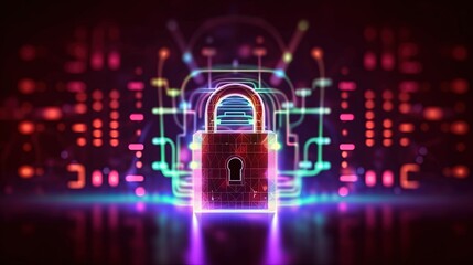 Padlock on technological circuit background with neon lights, Cyber ​​security concept, Generative AI