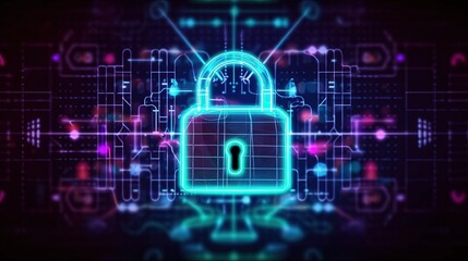 Padlock on technological circuit background with neon lights, Cyber ​​security concept, Generative AI