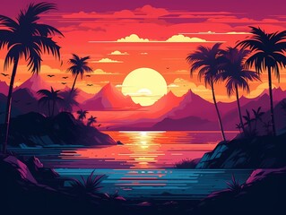 A picturesque idyllic beach landscape with lush tropical, sunset, beach, tropical