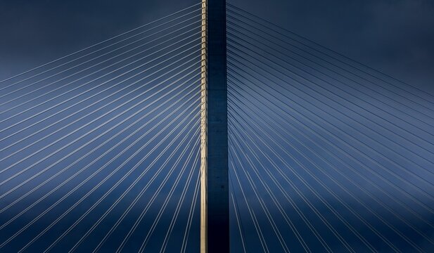 Close-up shot of Harp of David cable-stayed bridge at night in Jerusalem, Israel
