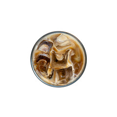 Iced coffee in glass isolated on white background. Top view.