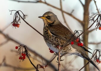 Fieldfare bird perching on tree twigs with yellow leaves with red rowan plants and bur background