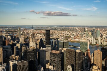 Drone shot of Manhattan skyline on a sunny day in New York, United states
