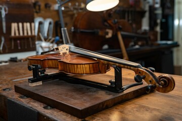 Obraz na płótnie Canvas Violin after the luthiery under the lamps on a workshop with restoration tools on the walls