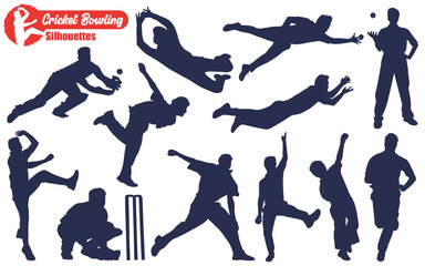 Male Cricket Player Bowling Silhouettes Vector Illustration Pack