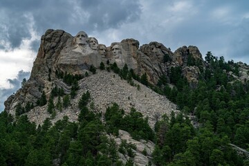 Famous Mount Rushmore in the Black Hills under cloudy sky, South Dakota, USA