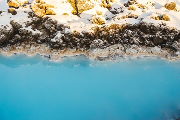 Landscape of a water surrounded by snow-covered rocks