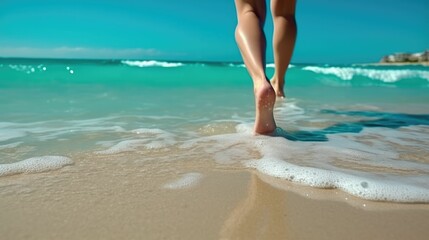 Fototapeta na wymiar feet and legs strolling on the wave turquoise beach with generative ai