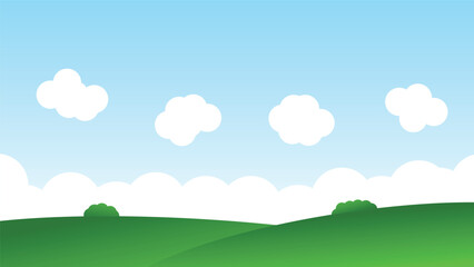 landscape cartoon scene with green hills and white cloud in summer blue sky background