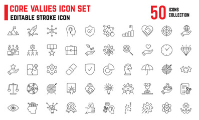 Obraz na płótnie Canvas Core value editable stroke icon, Icon includes, Honesty, Stakeholders, Integrity, Target purpose, Strategy. Core values line icons., core values network. Business Vector thin line icon