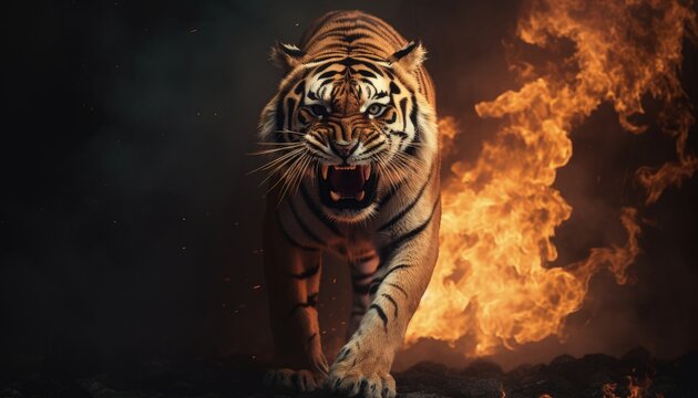 very fierce tiger jumping up and down, background flames, Generative AI