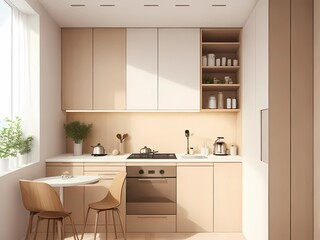 Fototapeta na wymiar Beige and Wood Kitchen Design for Modern Living