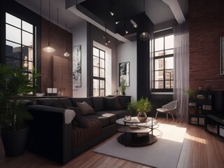 Fototapeta premium Two-Storey Apartment's Loft-Style Living Room