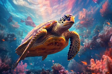 Obraz premium An endangered Hawaiian sea turtle cruises in the warm waters of the Pacific Ocean in Hawaii.
