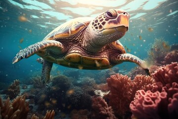 Naklejka na ściany i meble An endangered Hawaiian sea turtle cruises in the warm waters of the Pacific Ocean in Hawaii.