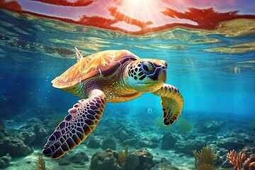 Naklejka na ściany i meble An endangered Hawaiian sea turtle cruises in the warm waters of the Pacific Ocean in Hawaii.