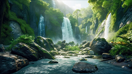 A majestic waterfall plunges into a pool, creating a rainbow in the spray. A natural wonder in the tropical forest Ai Generative