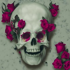 Skull with roses on its head isolated on a grey background