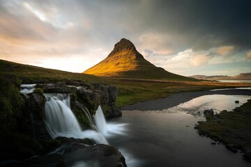 Scenic Kirkjufell in the background of a river in Iceland