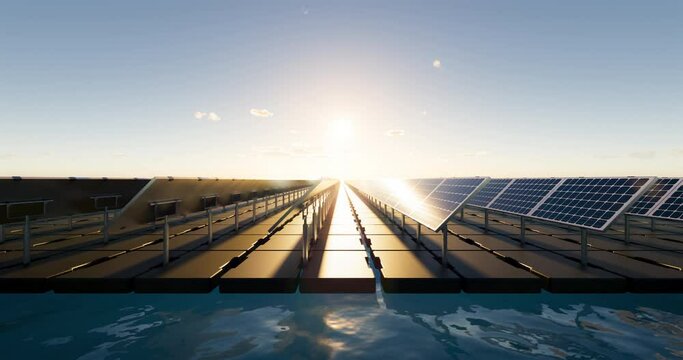 3d rendering looping video of floating solar or floating photovoltaics. May called floatovoltaics, solar farm, power station or solar power plant. Row panel and pontoon on water. Clean green energy.