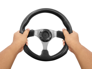 Hands holding steering wheel transparent background