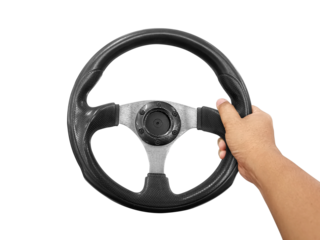 Hands holding steering wheel transparent background